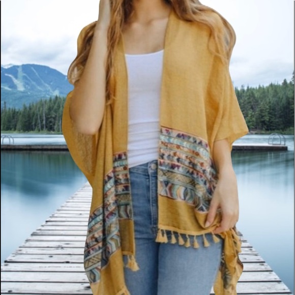 🇺🇸SALE🇺🇸Mustard Boho Embroidered Tassel Kimono - Picture 7 of 7